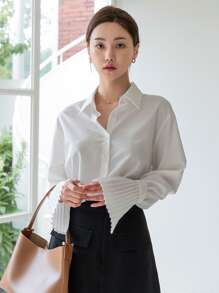 DAZY Women's Solid Color Pleated Flare Sleeve Blouse, Business Casual Autumn Long Sleeve Top - White - View 6