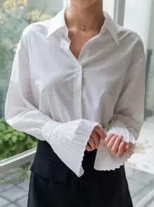 DAZY Women's Solid Color Pleated Flare Sleeve Blouse, Business Casual Autumn Long Sleeve Top - White - View 8