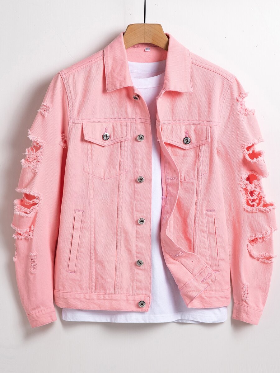Manfinity Homme Men Cotton Ripped Flap Pocket Denim Jacket Without Tee - Pink - View 1