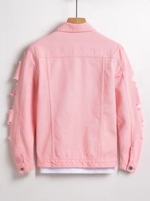 Manfinity Homme Men Cotton Ripped Flap Pocket Denim Jacket Without Tee - Pink - View 2