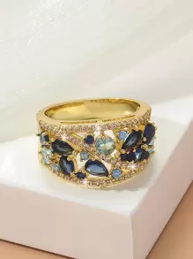 方晶鋯石裝飾戒指 - 金黃色 - 查看 2