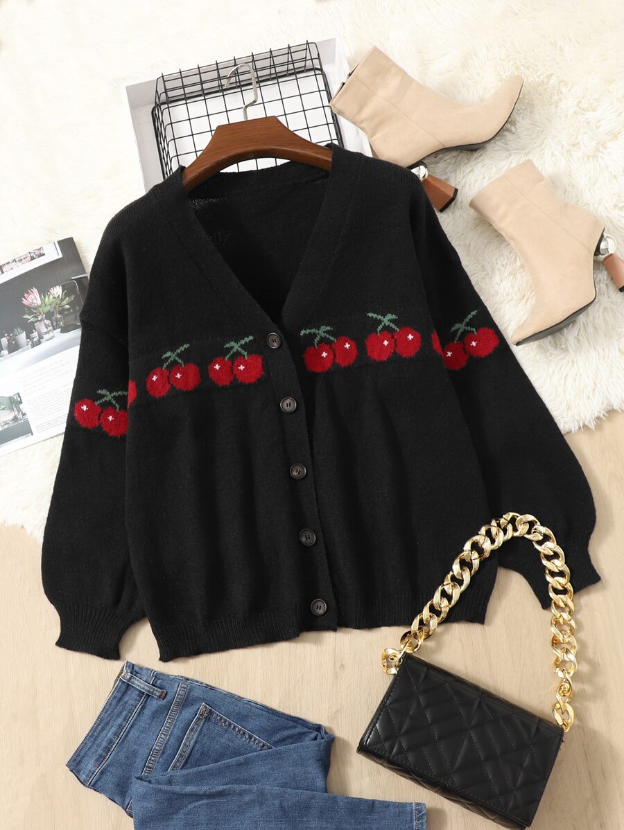 SHEIN Qutie áo hở cổ kích thước lớn Nút phía trước Rau quả Giải trí - màu đen - Xem 1