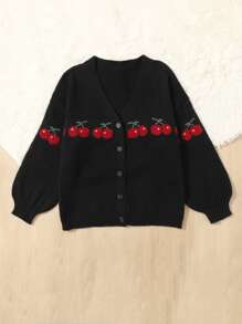 SHEIN Qutie áo hở cổ kích thước lớn Nút phía trước Rau quả Giải trí - màu đen - Xem 3