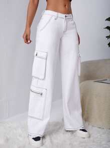 SHEIN EZwear 側翻蓋口袋頂針工裝牛仔褲 - 白色 - 查看 2