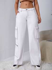 SHEIN EZwear 側翻蓋口袋頂針工裝牛仔褲 - 白色 - 查看 4