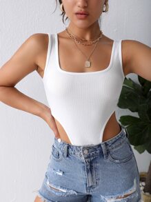 SHEIN BAE Solid Ribbed Knit High Cut Tank Bodysuit - White - View 7