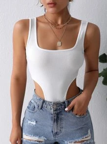 SHEIN BAE Solid Ribbed Knit High Cut Tank Bodysuit - White - View 4