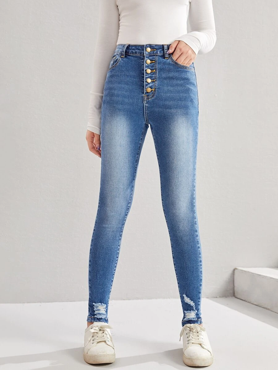 SHEIN Quần jean rách cúc tuổi teen - Rửa trung bình - Xem 1