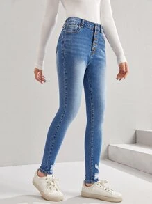 SHEIN Quần jean rách cúc tuổi teen - Rửa trung bình - Xem 3