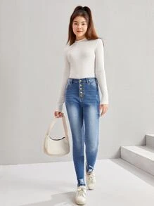 SHEIN Quần jean rách cúc tuổi teen - Rửa trung bình - Xem 4