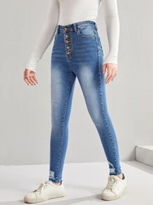SHEIN Quần jean rách cúc tuổi teen - Rửa trung bình - Xem 5