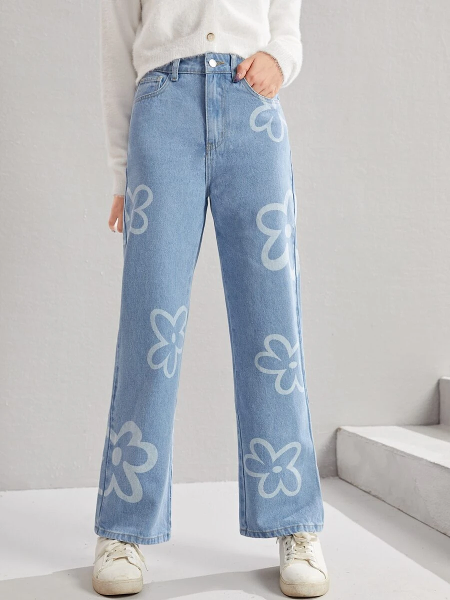 SHEIN 青少年女孩印花直筒牛仔褲 - 淺色水洗藍 - 查看 1