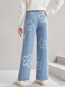 SHEIN 青少年女孩印花直筒牛仔褲 - 淺色水洗藍 - 查看 2