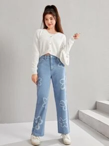 SHEIN 青少年女孩印花直筒牛仔褲 - 淺色水洗藍 - 查看 3