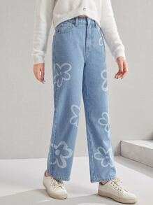 SHEIN 青少年女孩印花直筒牛仔褲 - 淺色水洗藍 - 查看 5