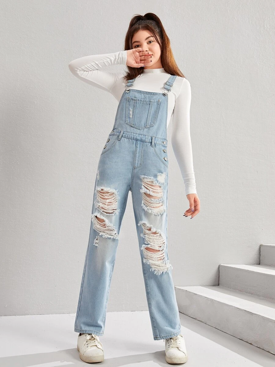 SHEIN Bé Gái Quần yếm & Áo liền quần Denim Túi Bị tách màu trơn Sẵn sàng - Rửa nhẹ - Xem 1