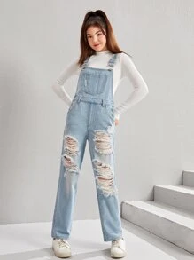 SHEIN Bé Gái Quần yếm & Áo liền quần Denim Túi Bị tách màu trơn Sẵn sàng - Rửa nhẹ - Xem 3