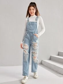 SHEIN Bé Gái Quần yếm & Áo liền quần Denim Túi Bị tách màu trơn Sẵn sàng - Rửa nhẹ - Xem 4