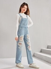 SHEIN Bé Gái Quần yếm & Áo liền quần Denim Túi Bị tách màu trơn Sẵn sàng - Rửa nhẹ - Xem 5