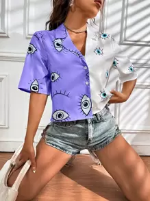 SHEIN Unity Áo sơ mi nữ Nút phía trước Khối Màu Con số Giải trí - Màu tím - Xem 1