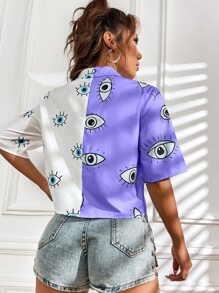 SHEIN Unity Áo sơ mi nữ Nút phía trước Khối Màu Con số Giải trí - Màu tím - Xem 2