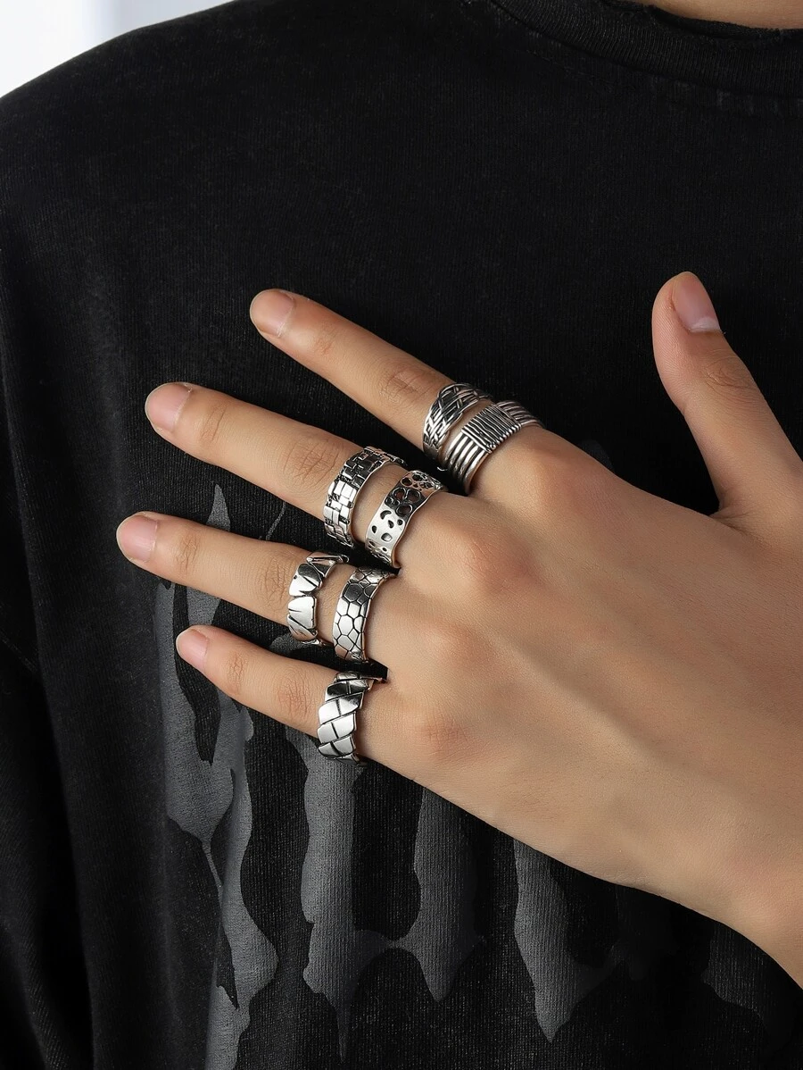 Fashionable and Popular 7pcs Men Textured Ring Alloy for Jewelry Gift and for a Stylish Look - Silver - View 1