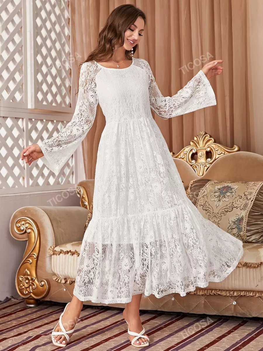 Flounce Sleeve Ruffle Hem Lace Dress