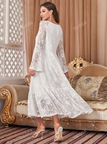 Flounce Sleeve Ruffle Hem Lace Dress
