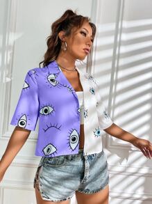 SHEIN Unity Áo sơ mi nữ Nút phía trước Khối Màu Con số Giải trí - Màu tím - Xem 4