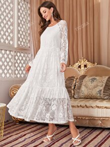 Flounce Sleeve Ruffle Hem Lace Dress