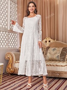 Flounce Sleeve Ruffle Hem Lace Dress