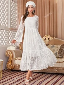 Flounce Sleeve Ruffle Hem Lace Dress