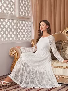 Flounce Sleeve Ruffle Hem Lace Dress