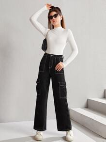 SHEIN 青少年女孩翻蓋口袋工裝牛仔褲 - 黑色 - 查看 1