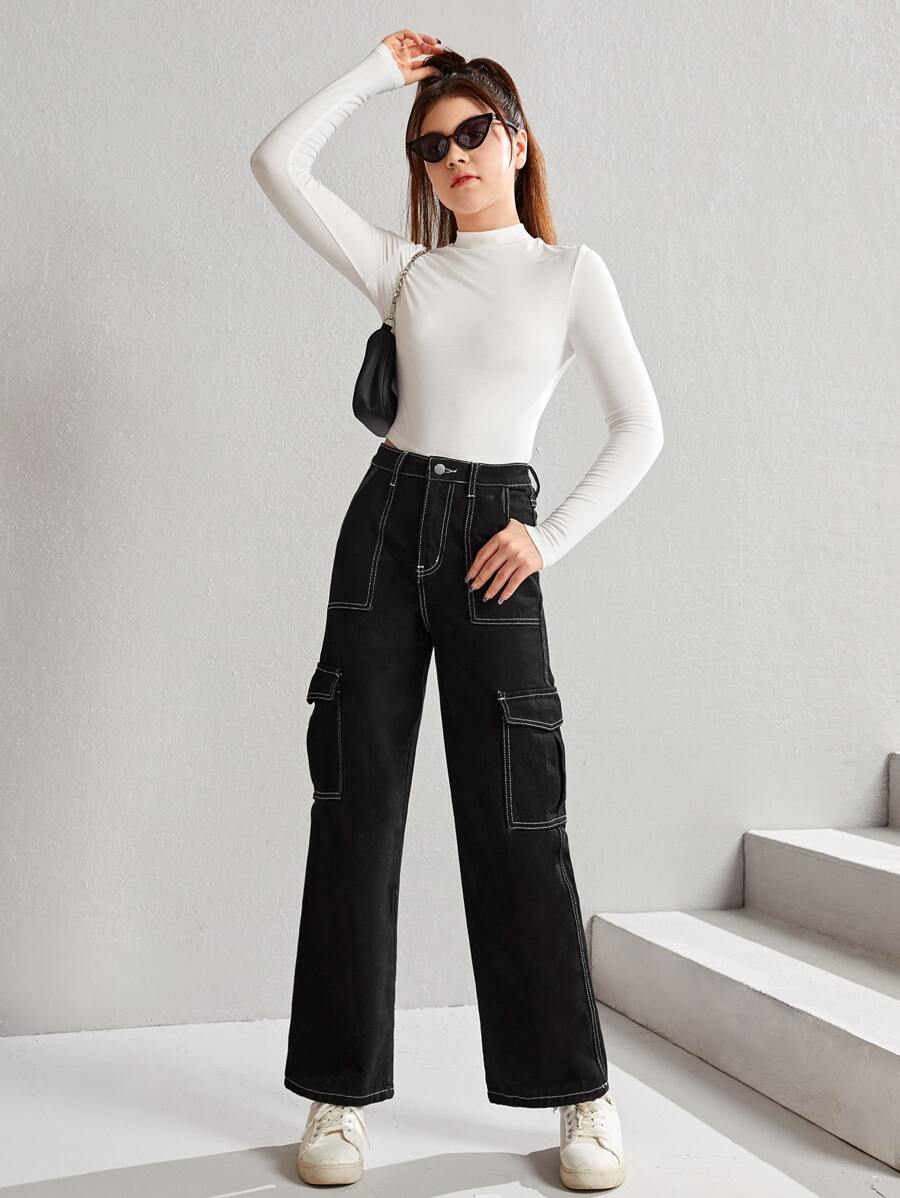 SHEIN 青少年女孩翻蓋口袋工裝牛仔褲 - 黑色 - 查看 1