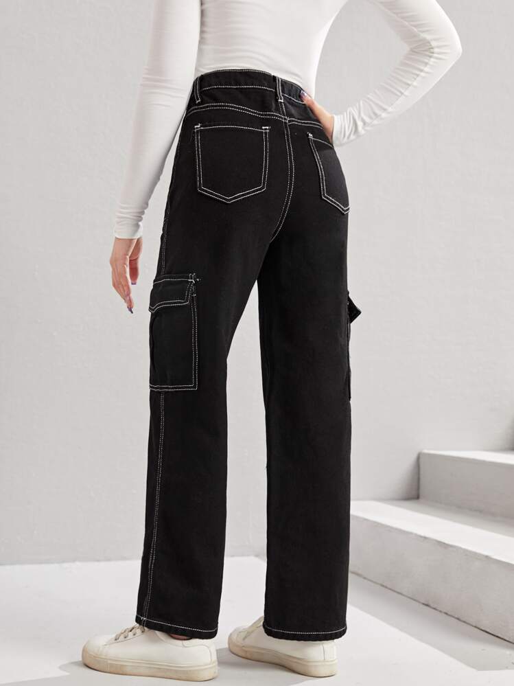 SHEIN Cô gái tuổi teen Quần jean chở hàng Túi có nắp - màu đen - Xem 2