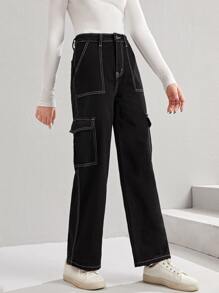 SHEIN 青少年女孩翻蓋口袋工裝牛仔褲 - 黑色 - 查看 4