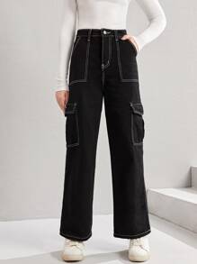 SHEIN 青少年女孩翻蓋口袋工裝牛仔褲 - 黑色 - 查看 5