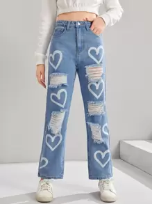 SHEIN Teen Girls Heart Print Ripped Straight Leg Jeans - Light Wash - View 1
