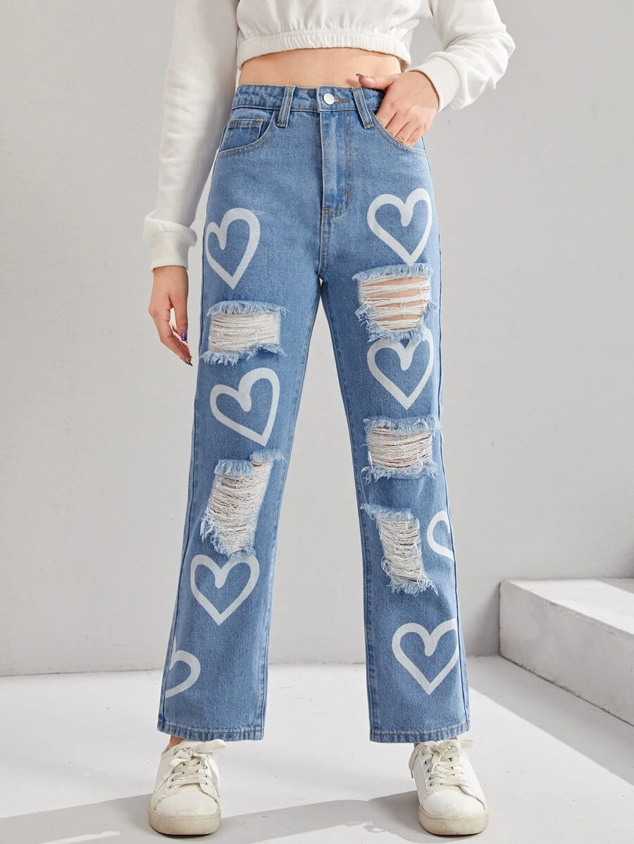 SHEIN Teen Girls Heart Print Ripped Straight Leg Jeans - Light Wash - View 1
