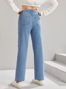 SHEIN Teen Girls Heart Print Ripped Straight Leg Jeans - Light Wash - View 2