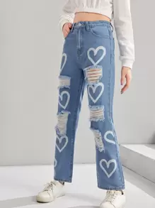 SHEIN Teen Girls Heart Print Ripped Straight Leg Jeans - Light Wash - View 3