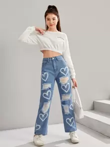 SHEIN Teen Girls Heart Print Ripped Straight Leg Jeans - Light Wash - View 5