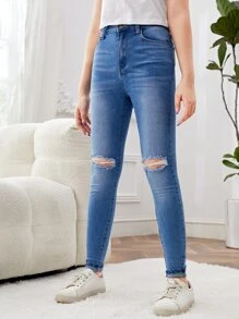 SHEIN 少女破洞牛仔褲 - 中等水洗藍 - 查看 4