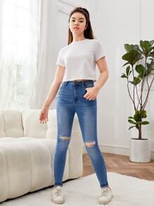 SHEIN 少女破洞牛仔褲 - 中等水洗藍 - 查看 6