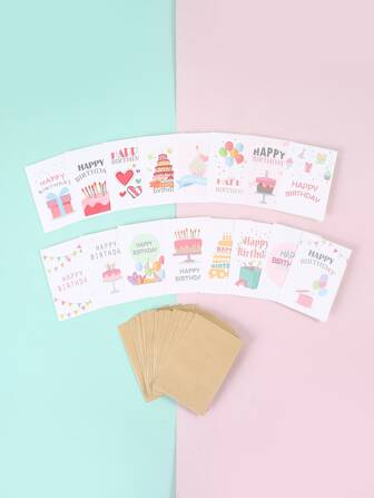 16pcs Happy Birthday Greeting Cards Gift Set With 16pcs Matching Envelopes, 16pcs Playing Card Size Birthday Cards With 16pcs Same Size Khaki Envelopes, Suitable For Birthday Parties And Birthday Gifts,