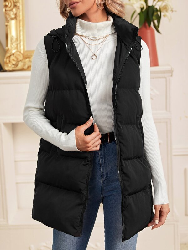 SHEIN LUNE Slant Pockets Drawstring Hooded Vest Puffer Coat SHEIN USA