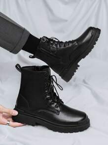 Men Side Zip Lace-up Front Combat Boots - Black - View 1