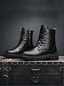 Men Side Zip Lace-up Front Combat Boots - Black - View 2