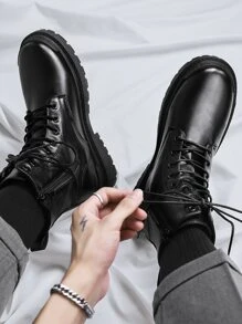 Men Side Zip Lace-up Front Combat Boots - Black - View 4